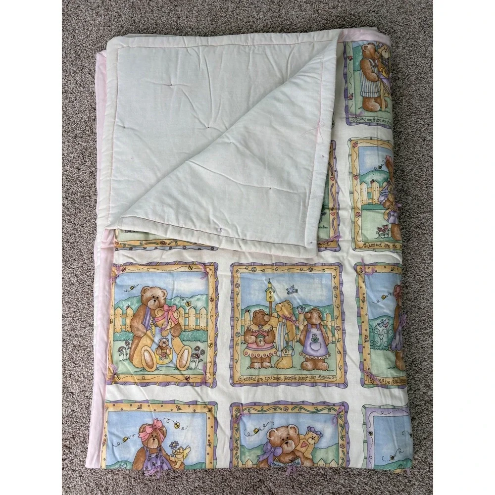 Vtg Teddy Bear Bearitudes Quilt Blanket Pastel Cottagecore Religious 42x58.5